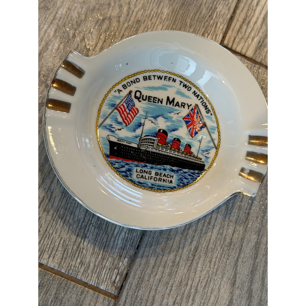 Queen Mary Ashtray Gold Trim Long Beach California Souvenir Japan Vintage 4" 70s